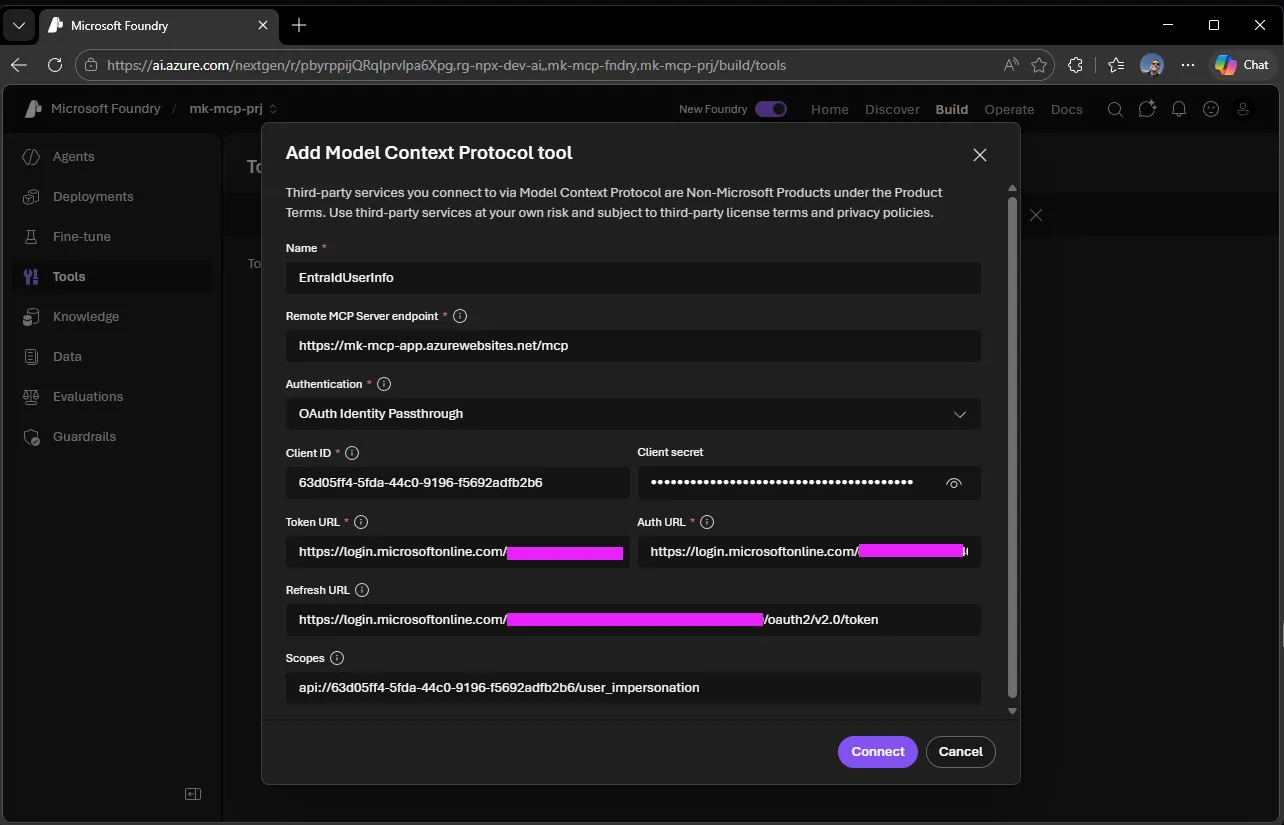 Configure the MCP server URL in Foundry