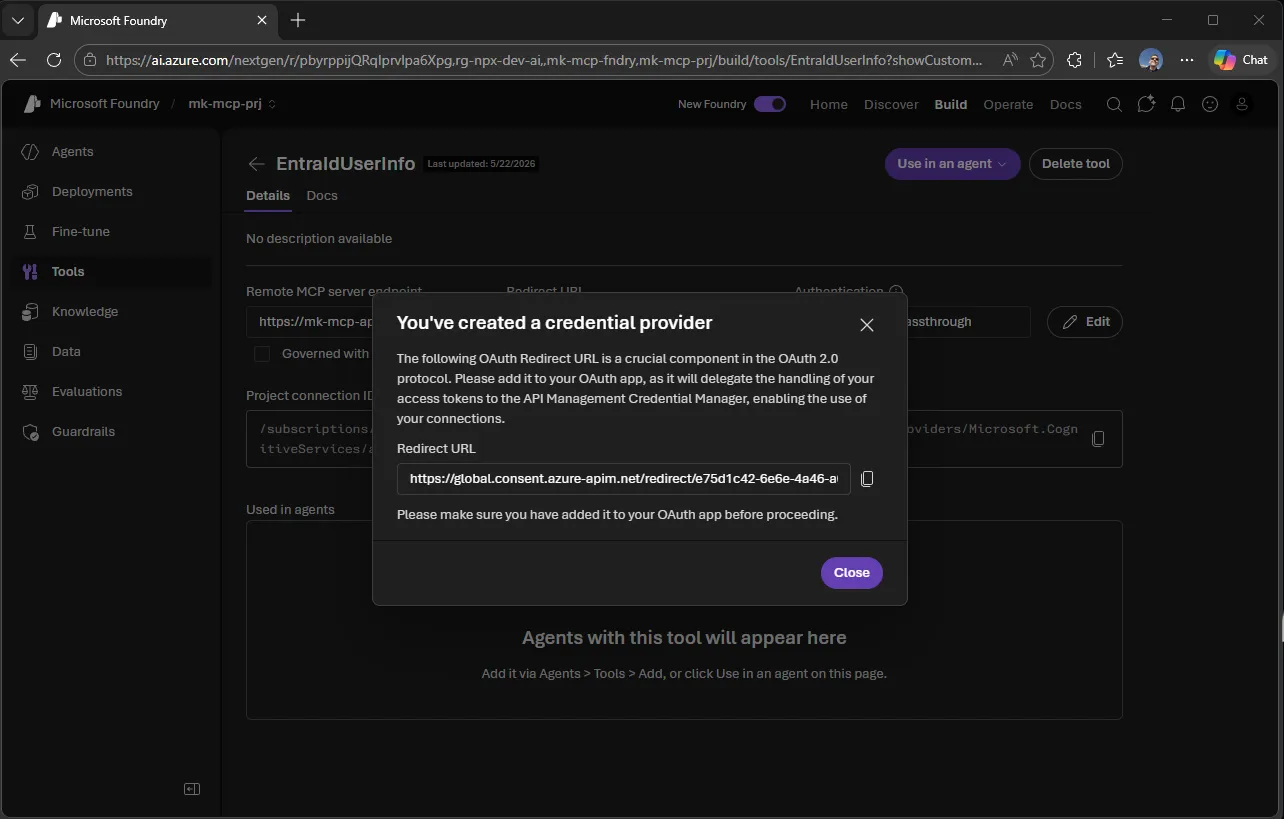 Foundry shows the redirect URI it needs
