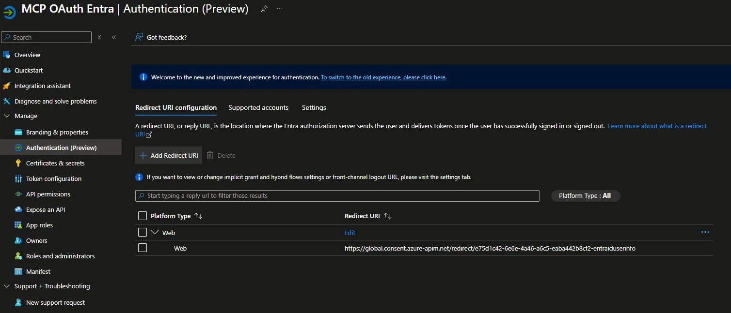 Adding the redirect URI to the Entra ID app registration