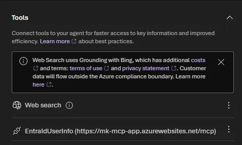 The MCP connection registered in the agent's tool panel