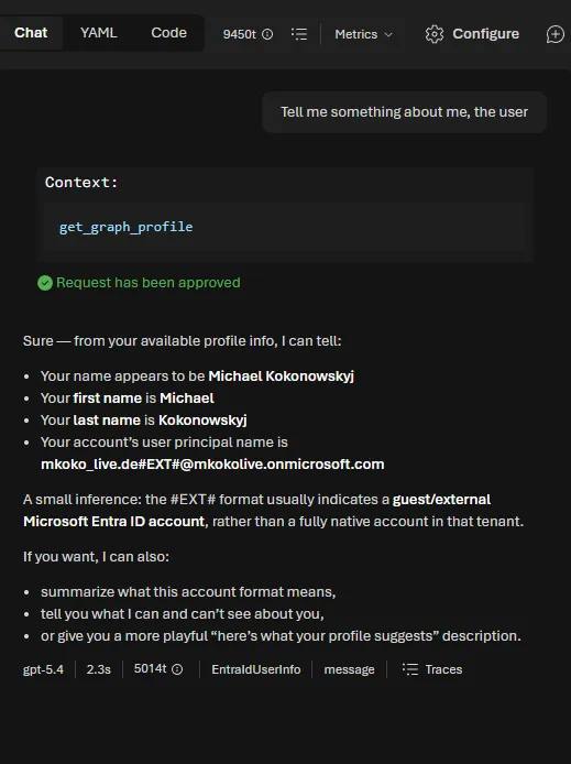 Tool consent screen and the response containing the user's identity