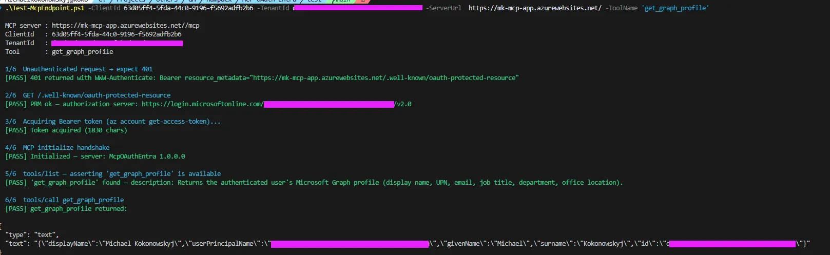 Test-McpEndpoint.ps1 running all 6 steps successfully against the deployed App Service