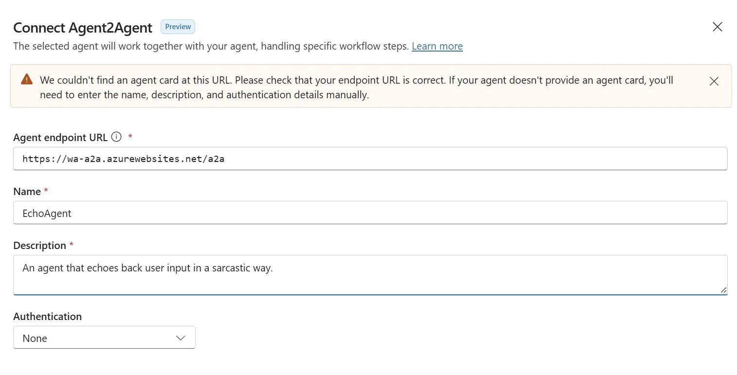 Adding the A2A URL in Copilot Studio