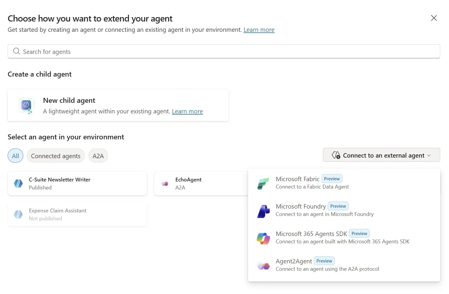 Adding an agent in Copilot Studio