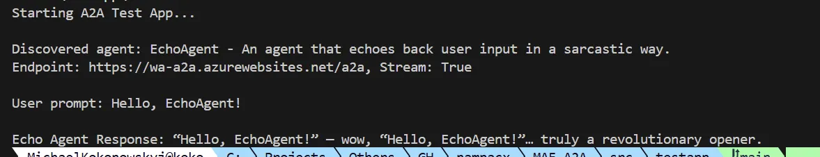 CLI test showing the agent card is accessible