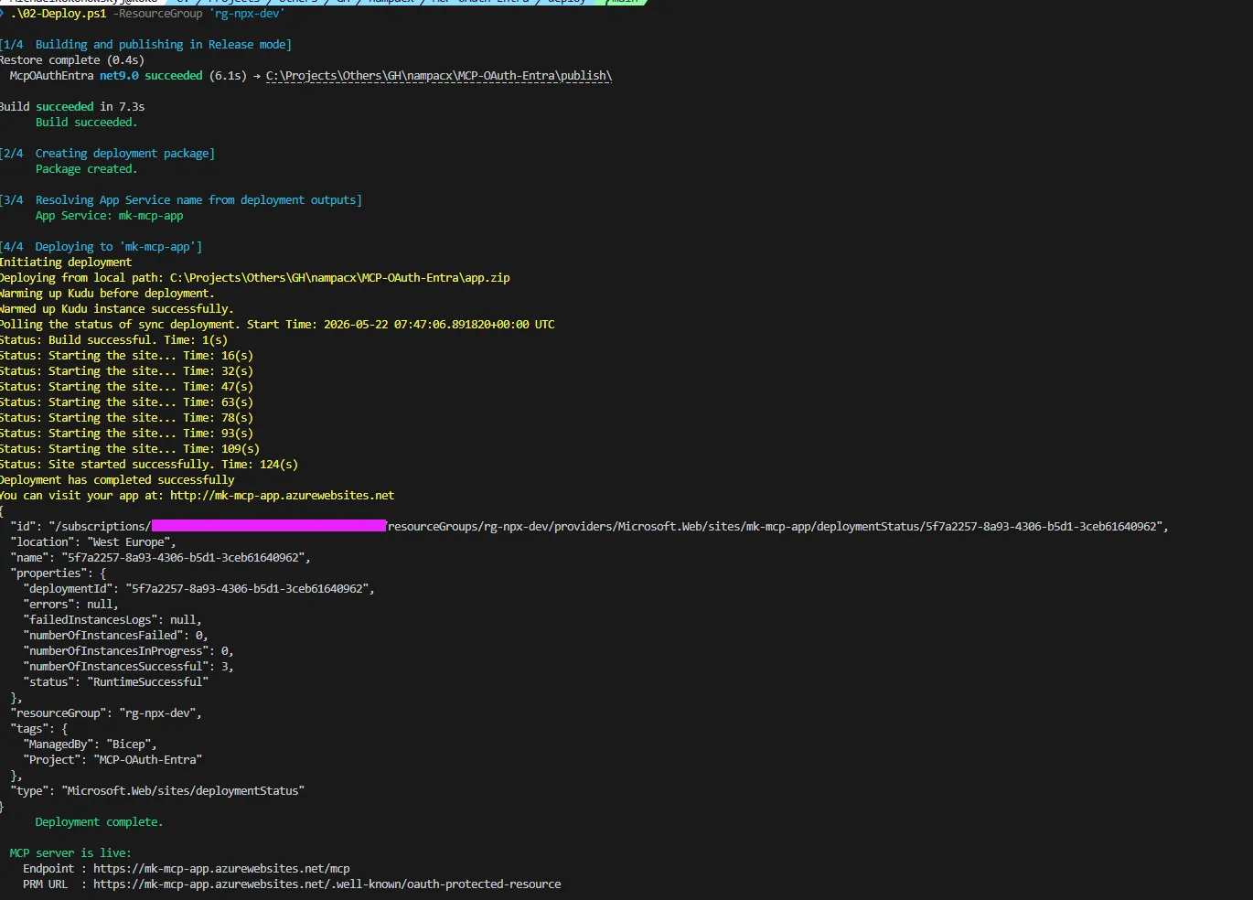 Output of 02-Deploy.ps1 showing the successful app deployment