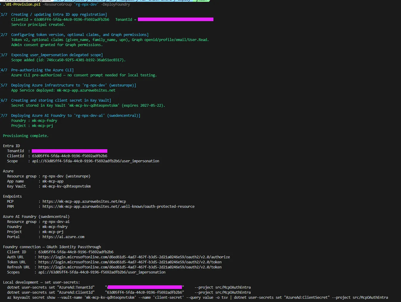 Output of 01-Provision.ps1 showing tenant ID, client ID, and Key Vault details