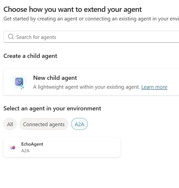 Selecting the A2A agent in Copilot Studio