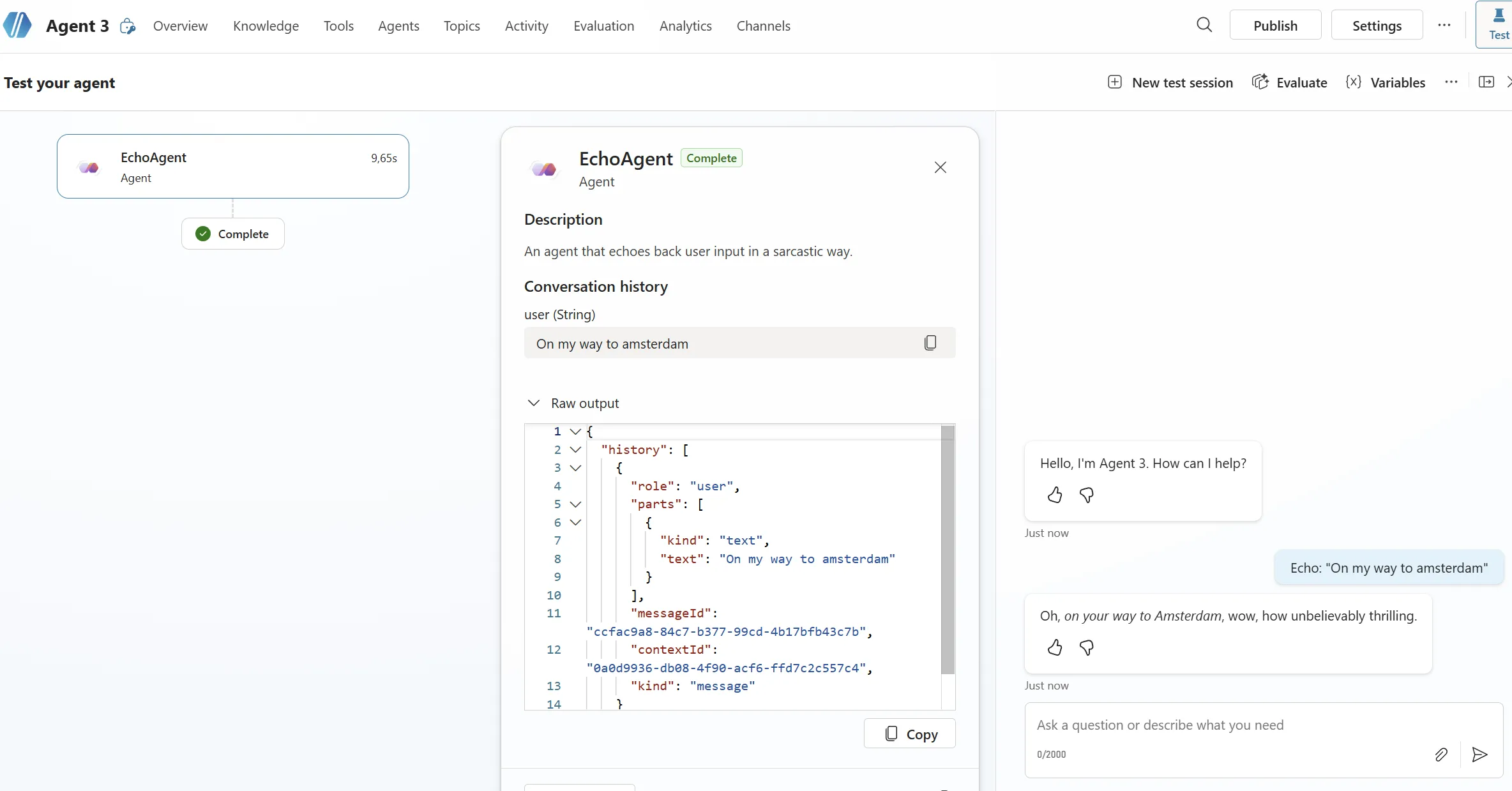 Testing the A2A agent in Copilot Studio's test chat